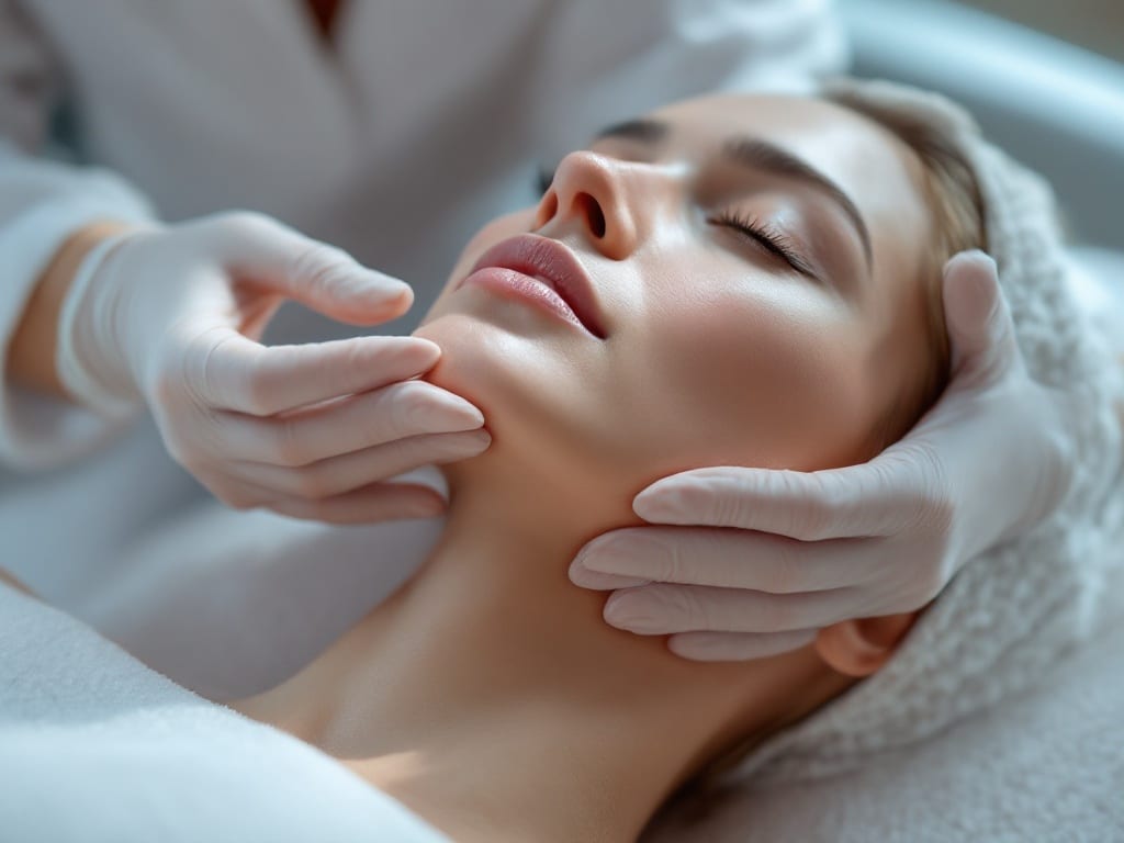 A gloved clinician examining the area beneath a patient's chin in a modern clinic