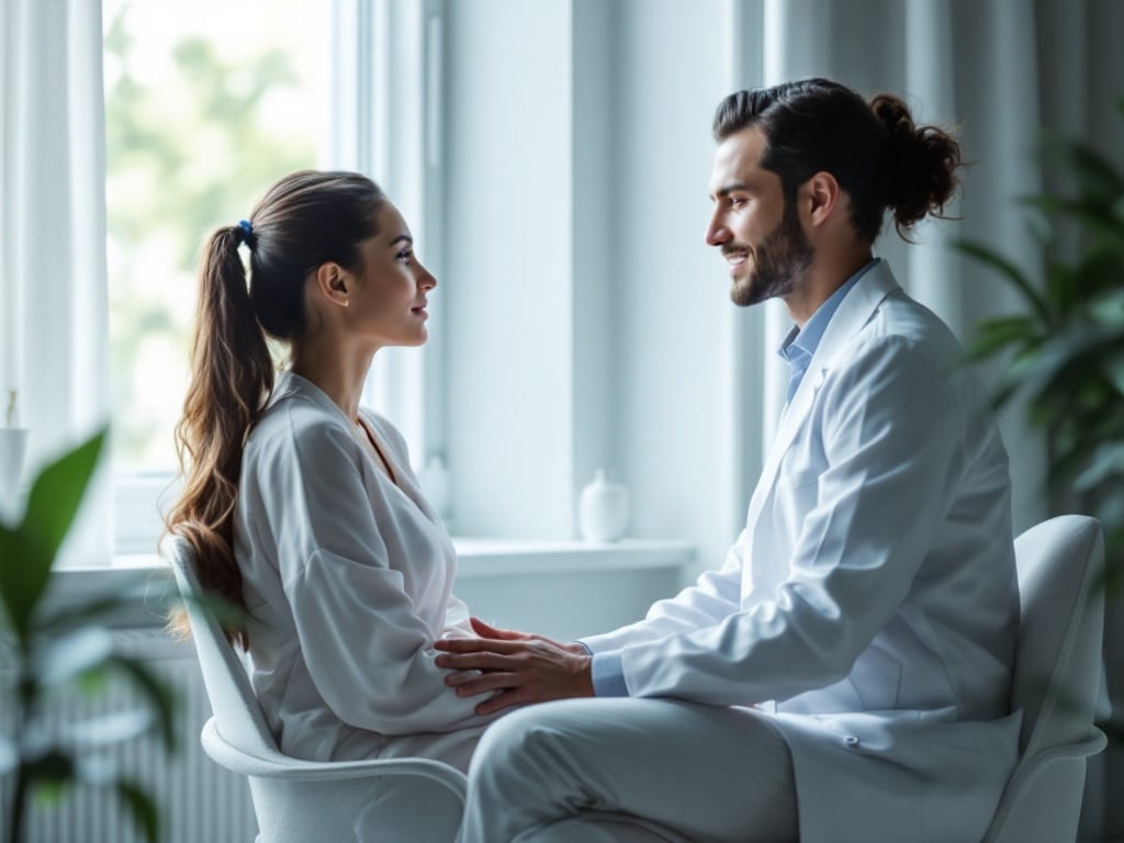 A clinician studying a patient's facial proportions in profile in soft daylight