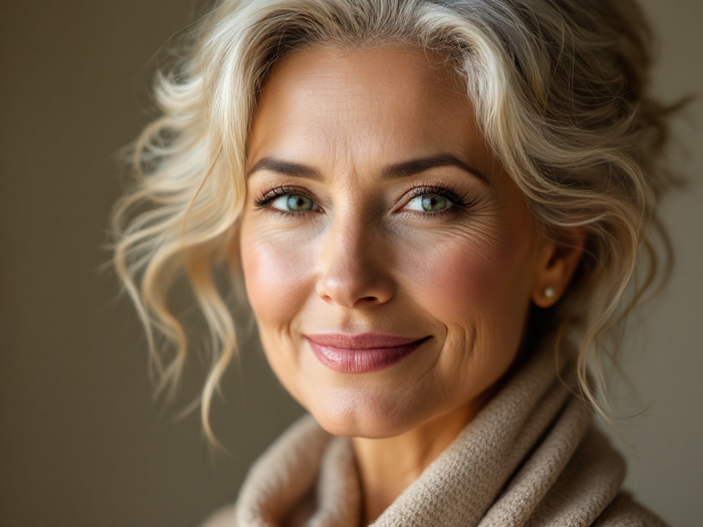 A mature woman's softly lit face showing restored cheek and temple fullness
