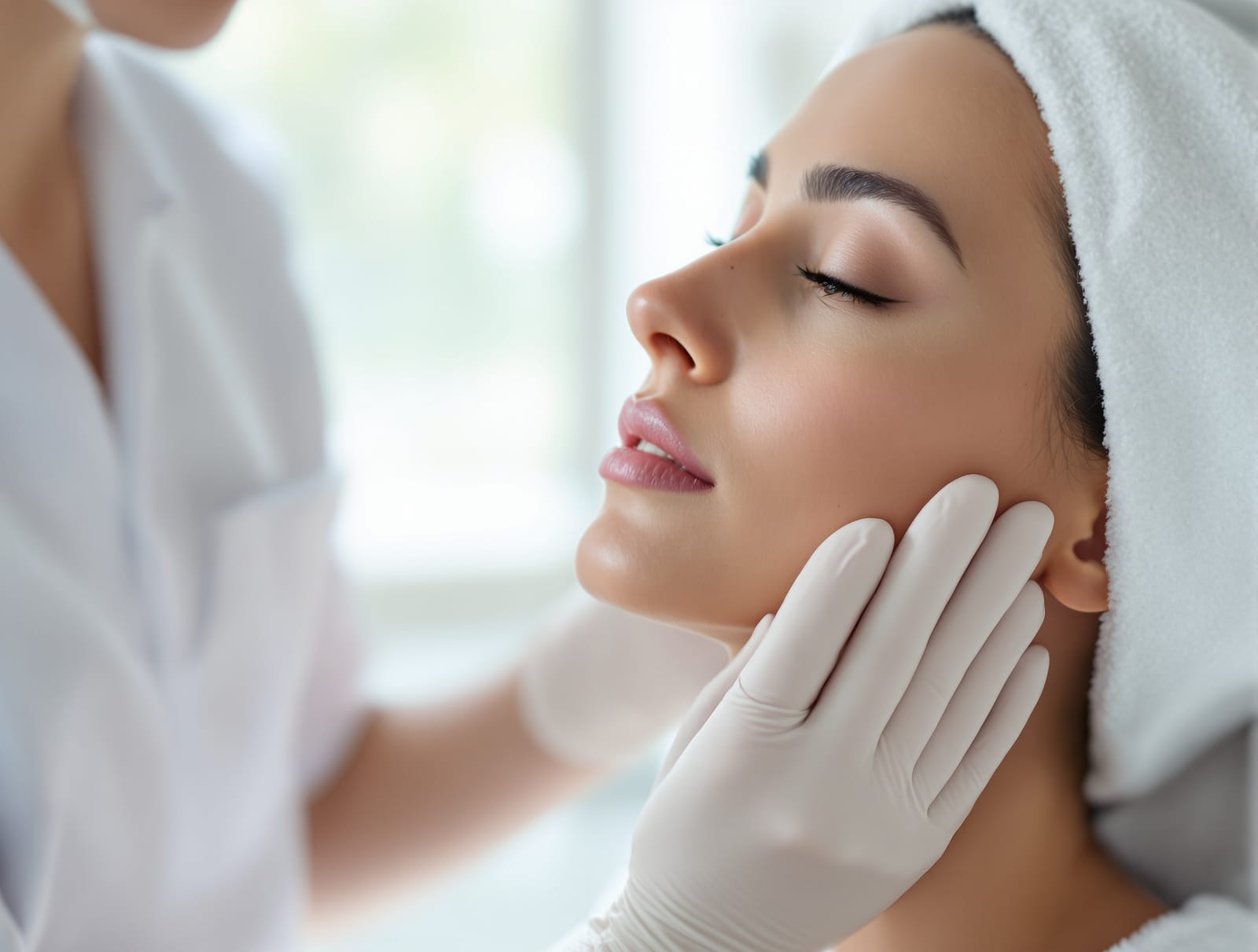 A gloved clinician studying a patient's cheek and jawline in profile in a bright clinic
