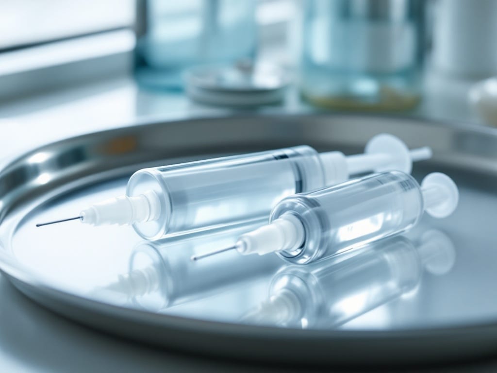 Two unopened dermal filler syringes arranged on a clean clinical tray
