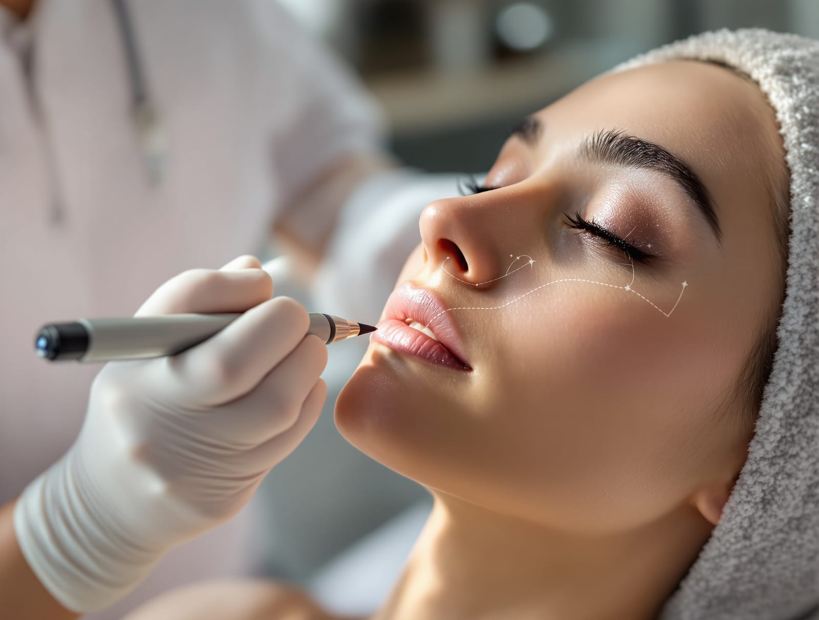 A gloved clinician marking lift vectors along a calm patient's jawline before a thread procedure in a bright clinic
