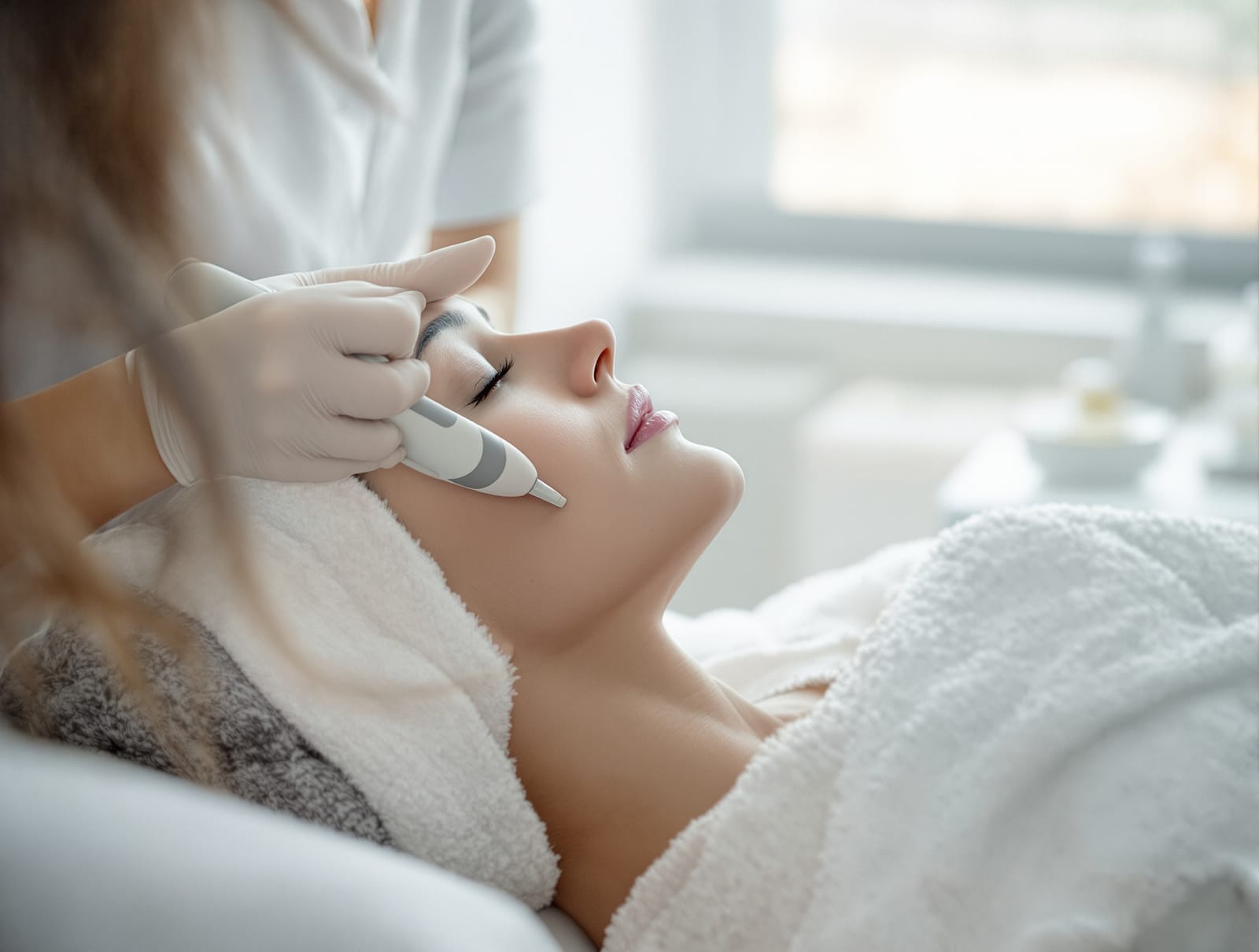 A clinician guiding a smooth energy-device handpiece along a patient's jawline in a bright clinic