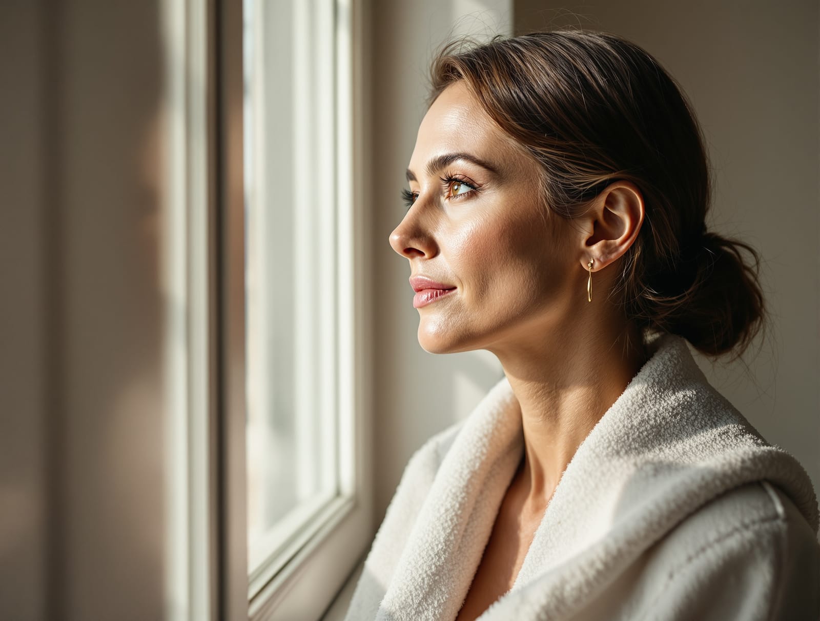 A woman in profile beside a window in soft daylight, chin lifted slightly, showing the line from chin to neck in natural side lighting.